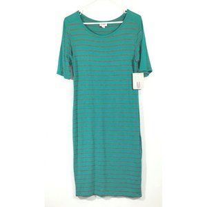 LuLaRoe Julia / Pencil Sheath Stretch Fabric Dress / Teal Gray Stripe / Size M